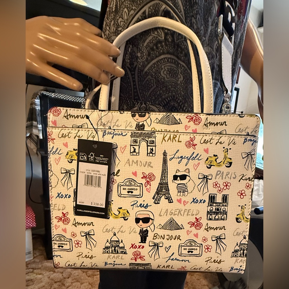 🔥 KARL LAGERFELD Paris Tote with Guitar Strap or shoulder strap carry. Beautiful